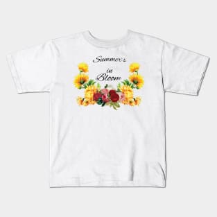 Summer's in Bloom, Red, Pink Roses with Yellow Flowers Kids T-Shirt